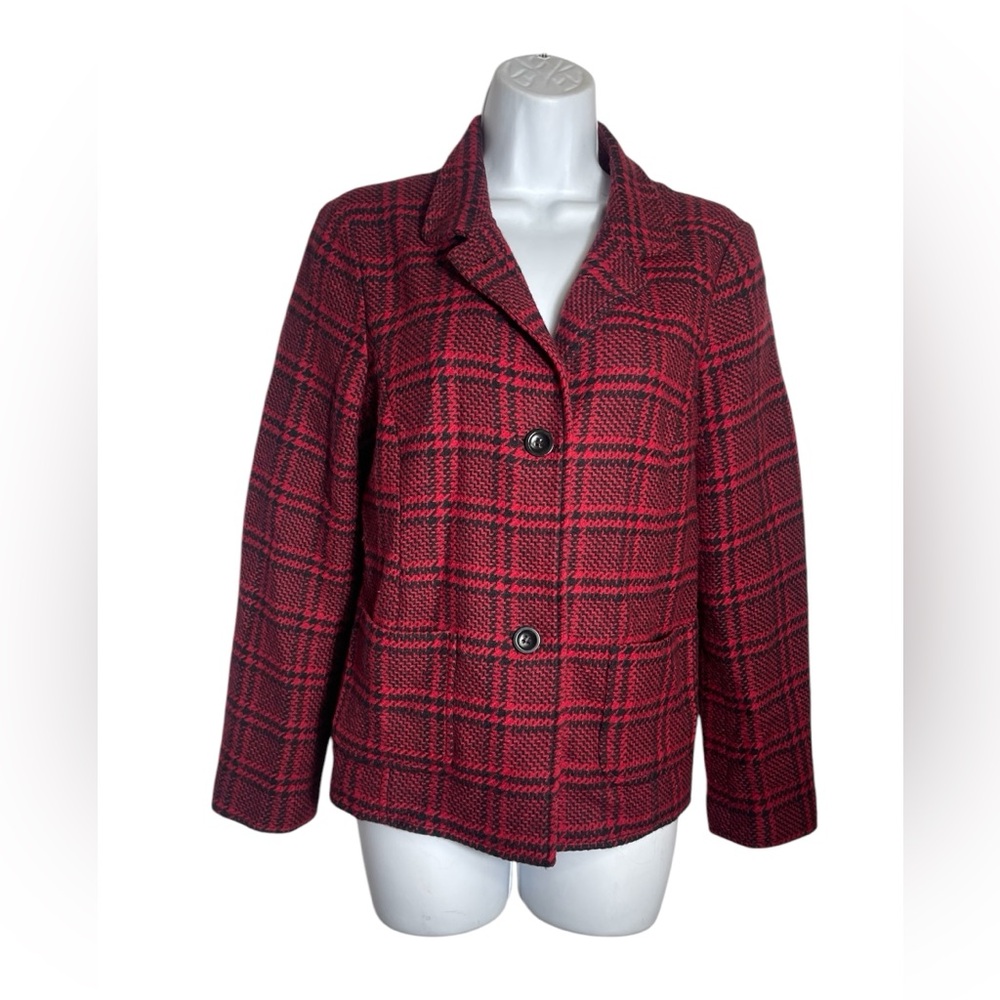 Talbots blazer size‎ 10 red & black plaid wool blend jacket blazer w/pockets ❤️